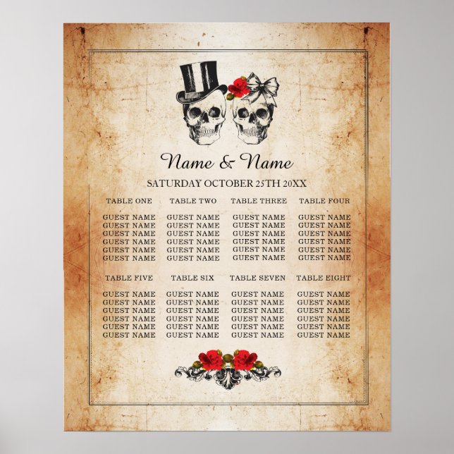 Skull Rote Rose Plan Hochzeitplakat 8 Sitzplätze Poster (Vorne)