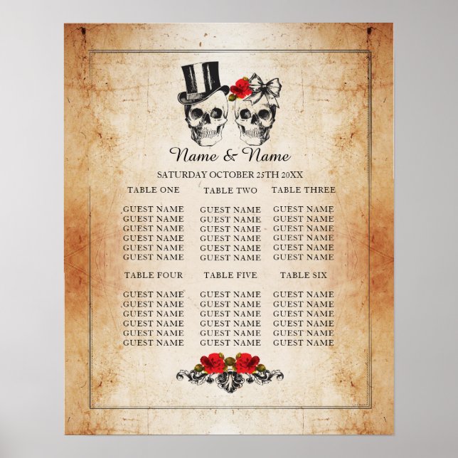Skull Rote Rose Plan Hochzeitsposter Sitzplätze Poster (Vorne)