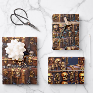 Skull Schatztruhe 3D-Braungold-Piratenthema Geschenkpapier Set