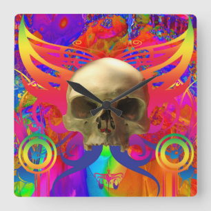 Skull-Schmetterling in Farbe Quadratische Wanduhr