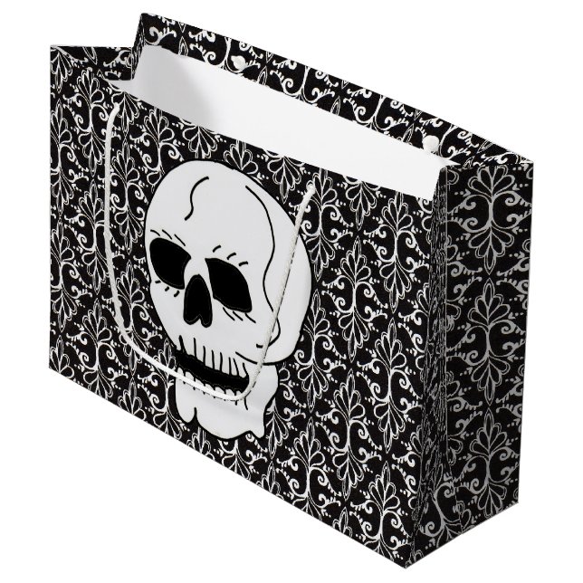 Skull Schwarz-weiß Damask Scrolls Große Geschenktüte (Vorderseite Schrägansicht)