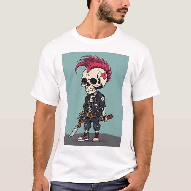 "Skull Shock: Punk Cartoon Skeleton Druckhemd T-Shirt (Vorderseite)