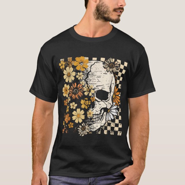 Skull Skeleton Floral Fall Autumn Spooky Halloween T-Shirt (Vorderseite)