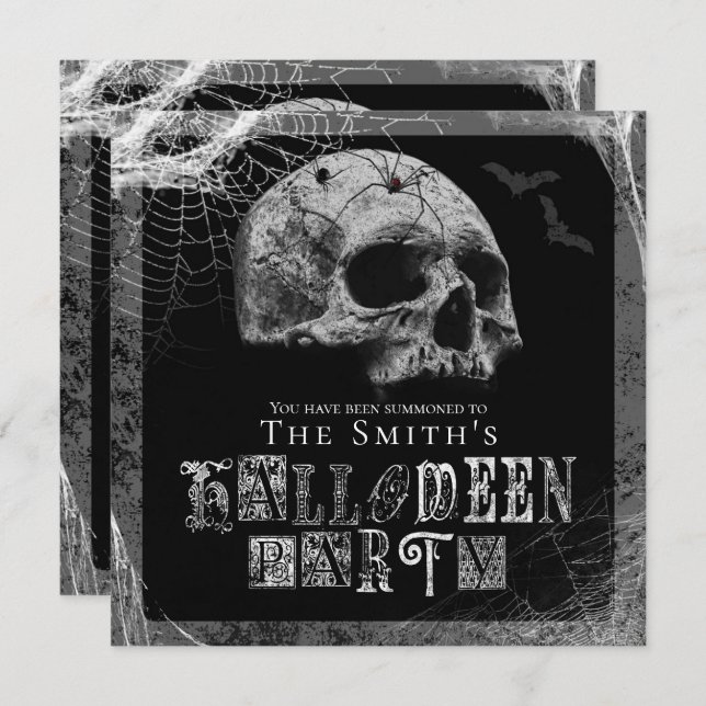 Skull & Spiderwebs Black Widow Halloween-Party Einladung (Vorne/Hinten)