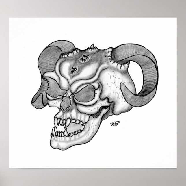 Skull Teufelschädel schwarz weiß Zeichnung Poster (Vorne)