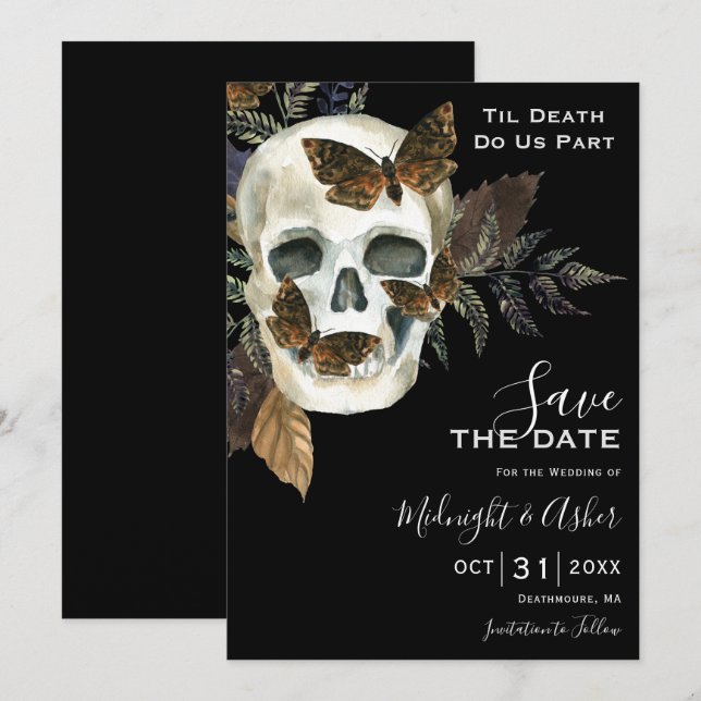 Skull Til Death macht uns Save the Date Teil Einladung (Vorne/Hinten)