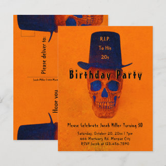 Skull Top Hat Vintag Orange Blue RIP zu seinen 20e Einladungspostkarte