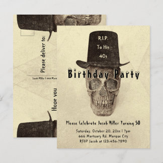 Skull Top Hat Vintag Sepia RIP bis zu seinen 40ern Einladungspostkarte