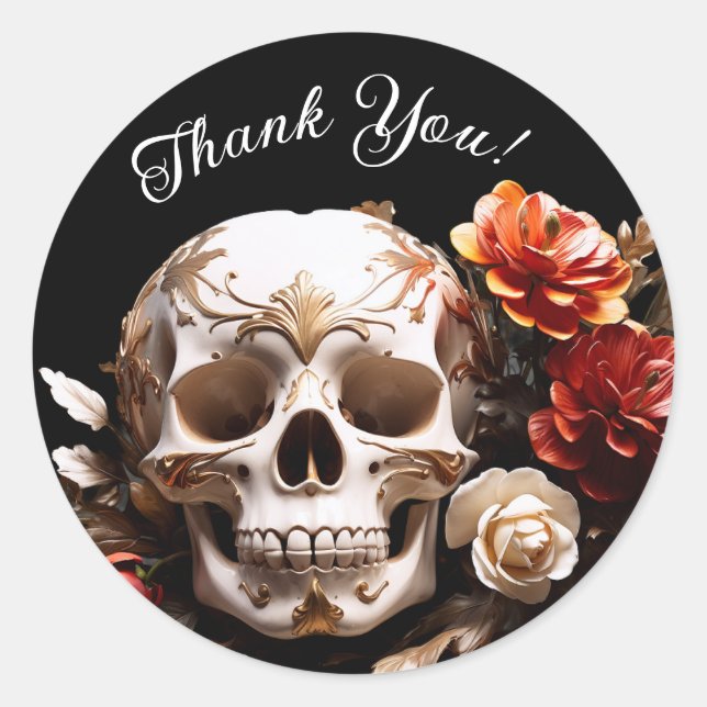 Skull und Blume Halloween Danke Stickers (Vorderseite)
