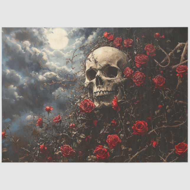Skull und Crimson-Rose Dekoupage Seidenpapier (Vorderseite)