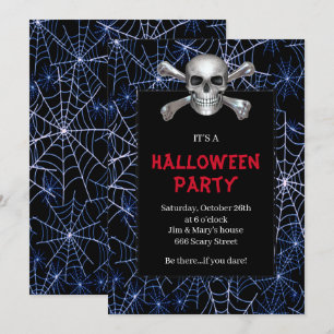Skull und Crossbones Blue Cobweb Halloween-Party Einladung