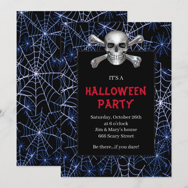Skull und Crossbones Blue Cobweb Halloween-Party Einladung (Vorne/Hinten)