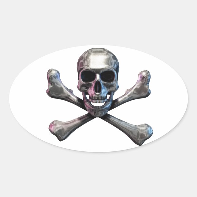 Skull und Crossbones Chrome Ovaler Aufkleber (Vorderseite)