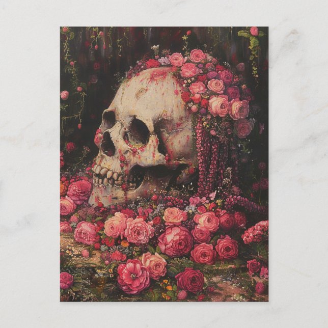 Skull und Pink Blume Postkarte (Vorderseite)