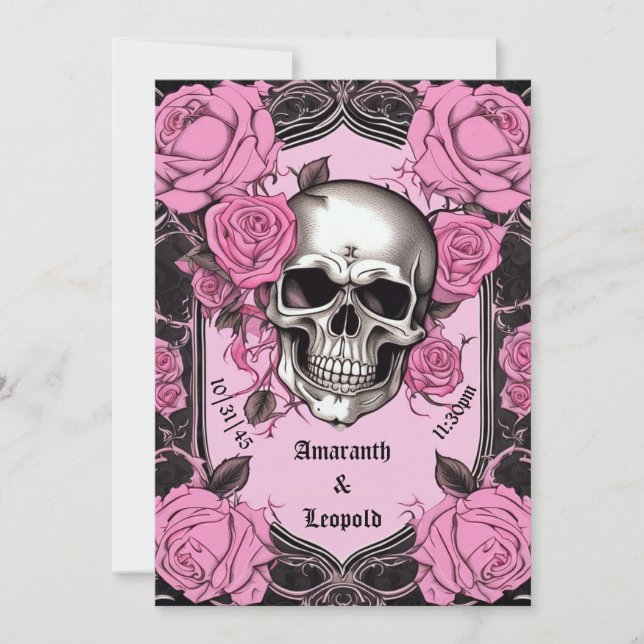 Skull und rosa Rosen Traditionelle gotische Hochze Einladung (Vorderseite)