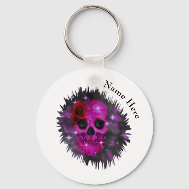 Skull und Rose Gothic White Button Key Ring Schlüsselanhänger (Vorderseite)
