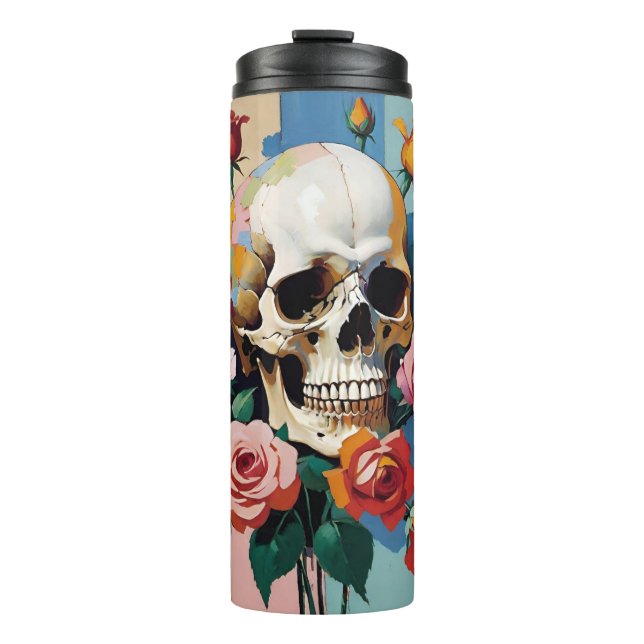 Skull und Rose Retro-Farbblock Thermosbecher (Vorderseite)