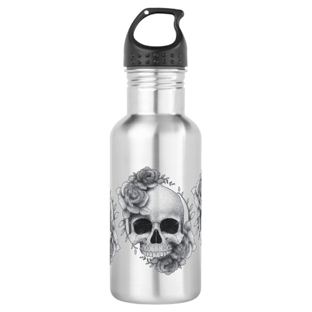 Skull und Rose Sketch Edelstahlflasche (Vorderseite)