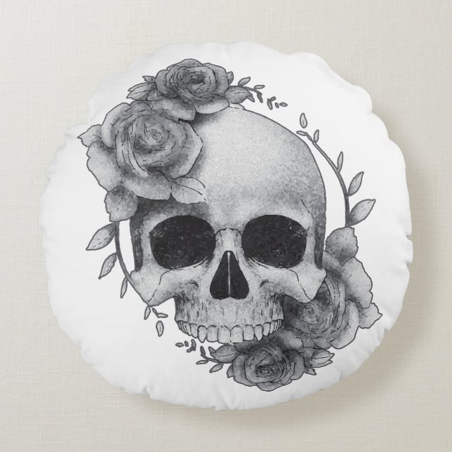 Skull und Rose Sketch Rundes Kissen (Vorderseite)