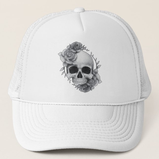 Skull und Rose Sketch Truckerkappe (Vorderseite)