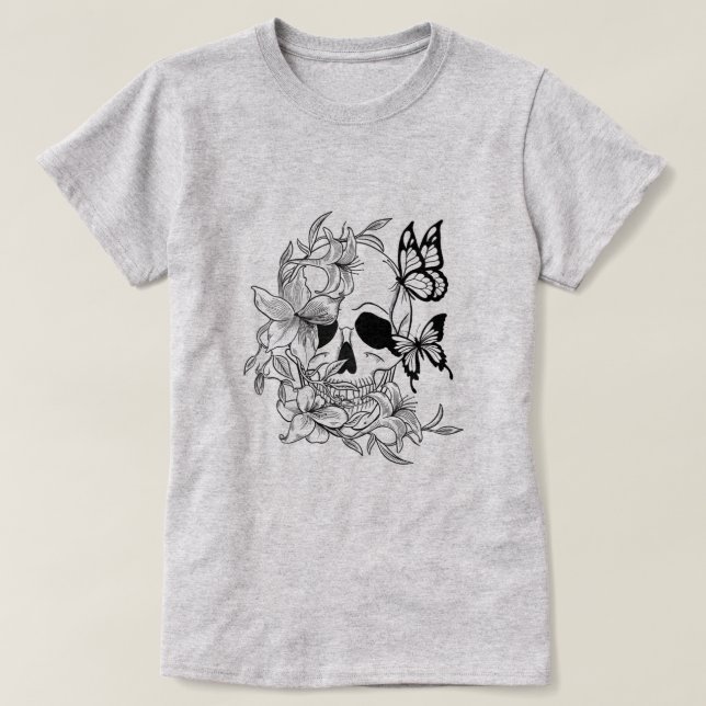 Skull- und Schmetterlingsdesign mit floralen Eleme T-Shirt (Design vorne)