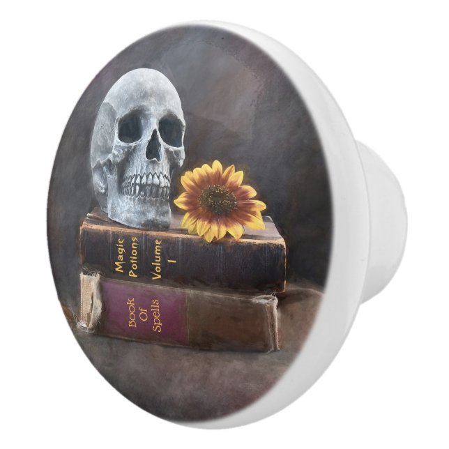 Skull Vintag Books Yellow Sunflower Gothic Keramikknauf (Rechts)