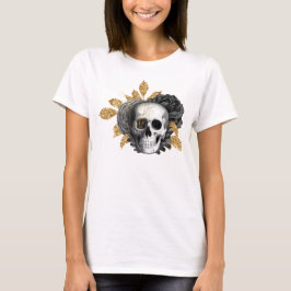 Skull Vintage schwarze Rose Imitate goldenes Blatt T-Shirt