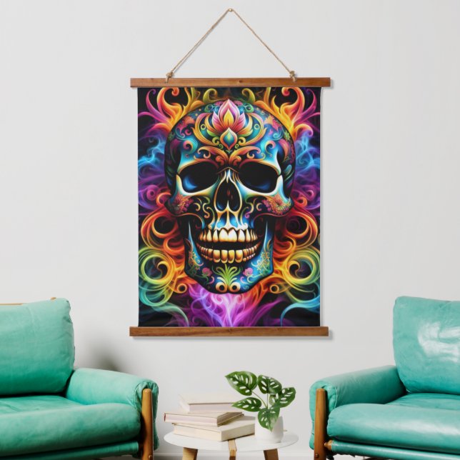 Skull Wall Tapestry Wandteppich Mit Holzrahmen (Wohnzimmer)