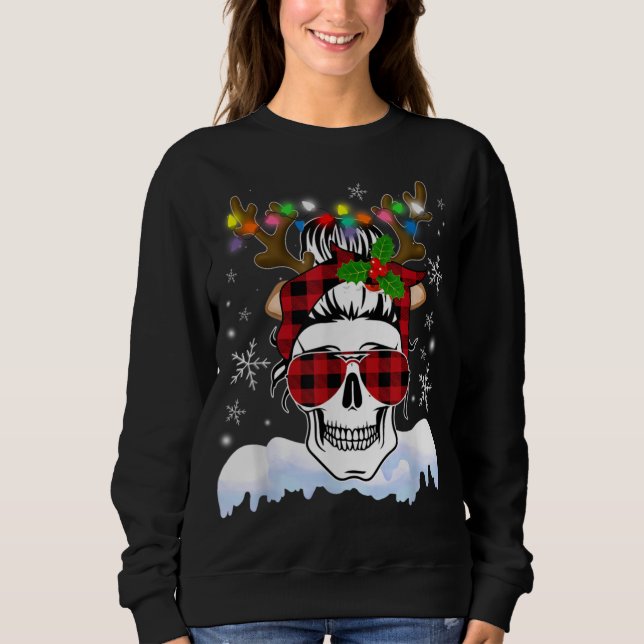 Skull Weihnachtsmannmütze Rentier Weihnachtsleucht Sweatshirt (Vorderseite)