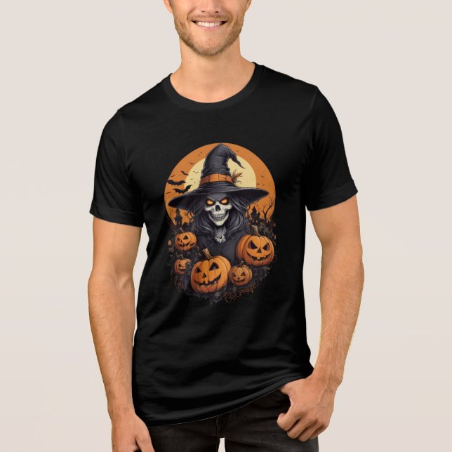 Skull Witch with Pumpkins Halloween Art Tri-Blend Shirt (Vorderseite)