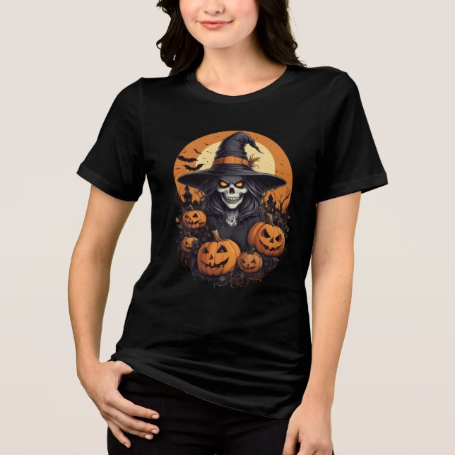 Skull Witch with Pumpkins Halloween Art Tri-Blend Shirt (Vorderseite)