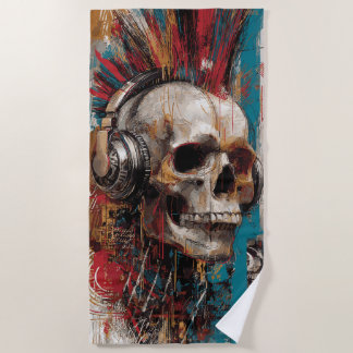 Skull with Headphones Punk Graffiti Art Design Strandtuch