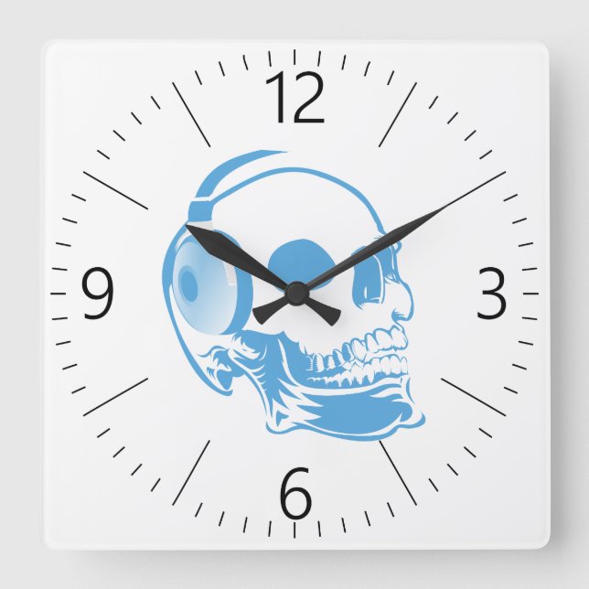 Skull with headphones quadratische wanduhr (Vorderseite)