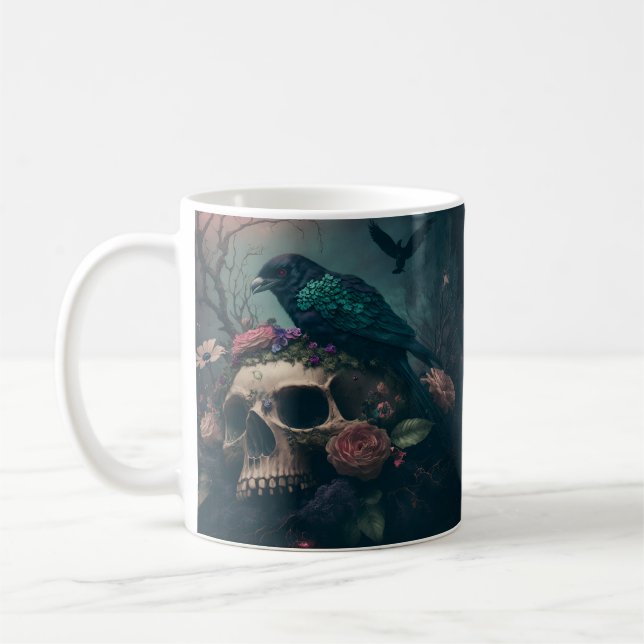 Skull with Roses and Crow Goth Art Kaffeetasse (Links)