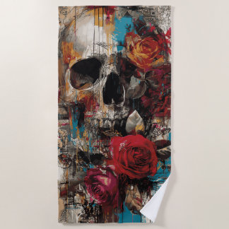 Skull with Roses Street Art Floral Grunge Design Strandtuch