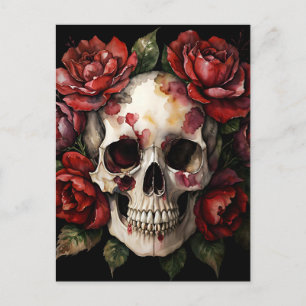 Skull WIth Rote Rosen Wasserfarbe Postkarte