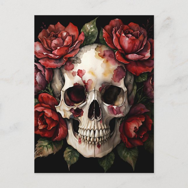 Skull WIth Rote Rosen Wasserfarbe Postkarte (Vorderseite)