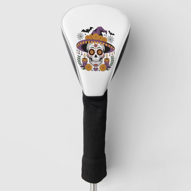 Skull with Witch Hat Halloween Vector Golf Headcover (Vorderseite)