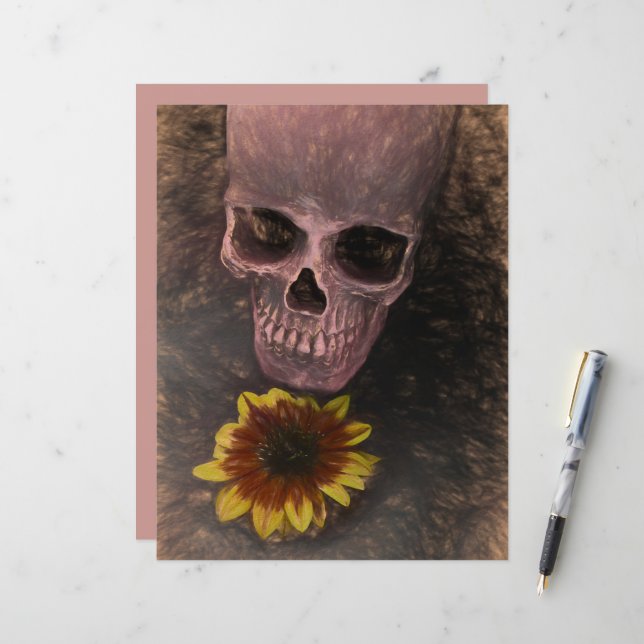Skull Yellow Sunflower Gothic Vintag Sepia Sketch (Vorderseite/Rückseite Beispiel)