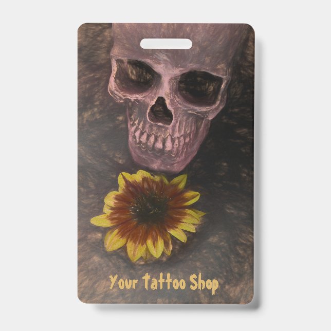 Skull Yellow Sunflower Gothic Vintag Sepia Sketch Ausweis (Vorderseite)