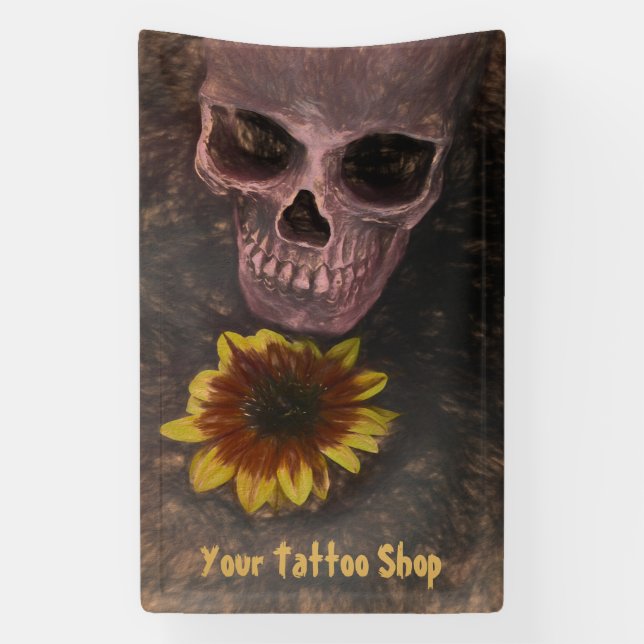 Skull Yellow Sunflower Gothic Vintag Sepia Sketch Banner (Vertikal)