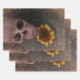 Skull Yellow Sunflower Gothic Vintag Sepia Sketch Geschenkpapier Set