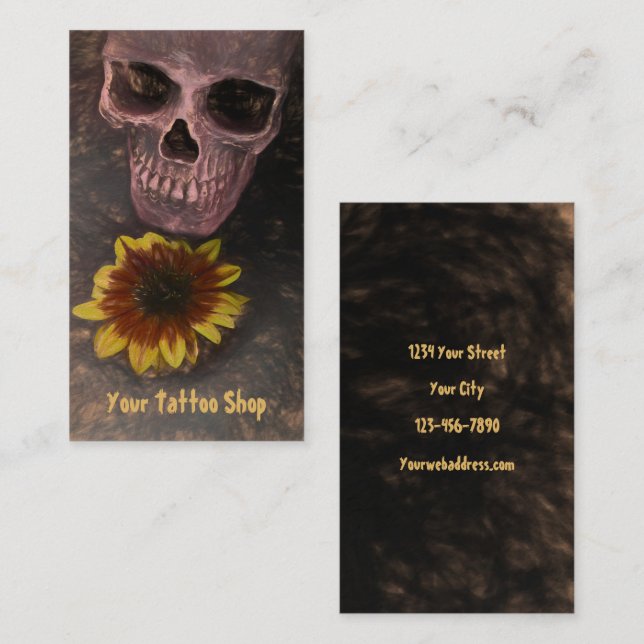 Skull Yellow Sunflower Gothic Vintag Sepia Sketch Visitenkarte (Vorne/Hinten)