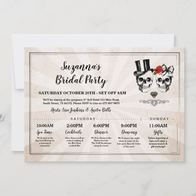 Skulls Brautparty Itinerary Bachelorette Rose Einladung (Vorderseite)