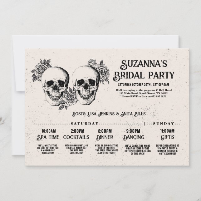 Skulls Brautparty Itinerary Bachelorette Rose Einladung (Vorderseite)