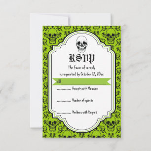 Skulls damask green, black Halloween Hochzeit RSVP Karte