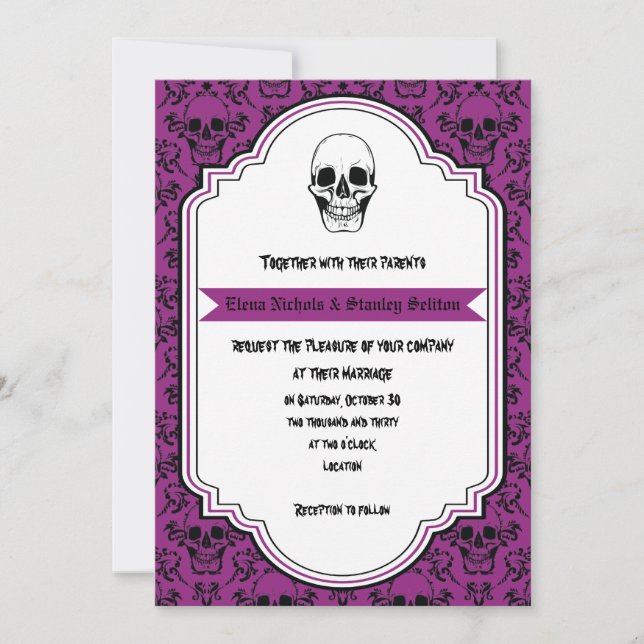 Skulls Damask lila, Halloween-Hochzeit Einladung (Vorderseite)