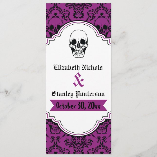 Skulls Damask lila, schwarzes Hochzeitsprogramm Programm (Vorderseite)