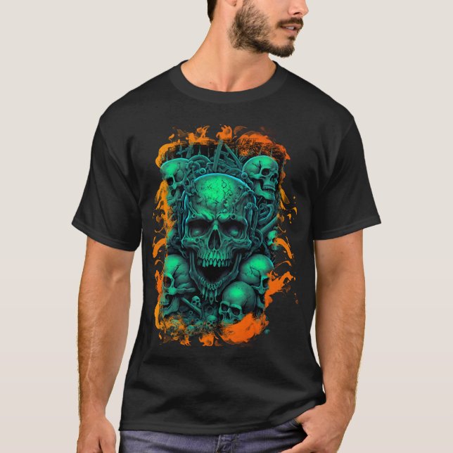 Skulls Flammen Beängstigend grüne Farbe Gothic Bik T-Shirt (Vorderseite)