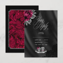 Skulls Gothic Wedding Burgundy ID866 RSVP Karte